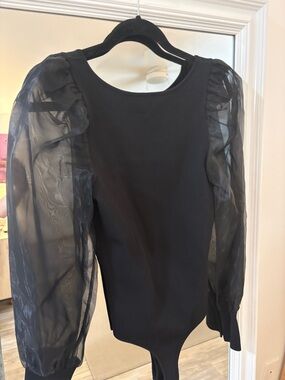ASTR Sheer Puff-Sleeve Black Bodysuit
